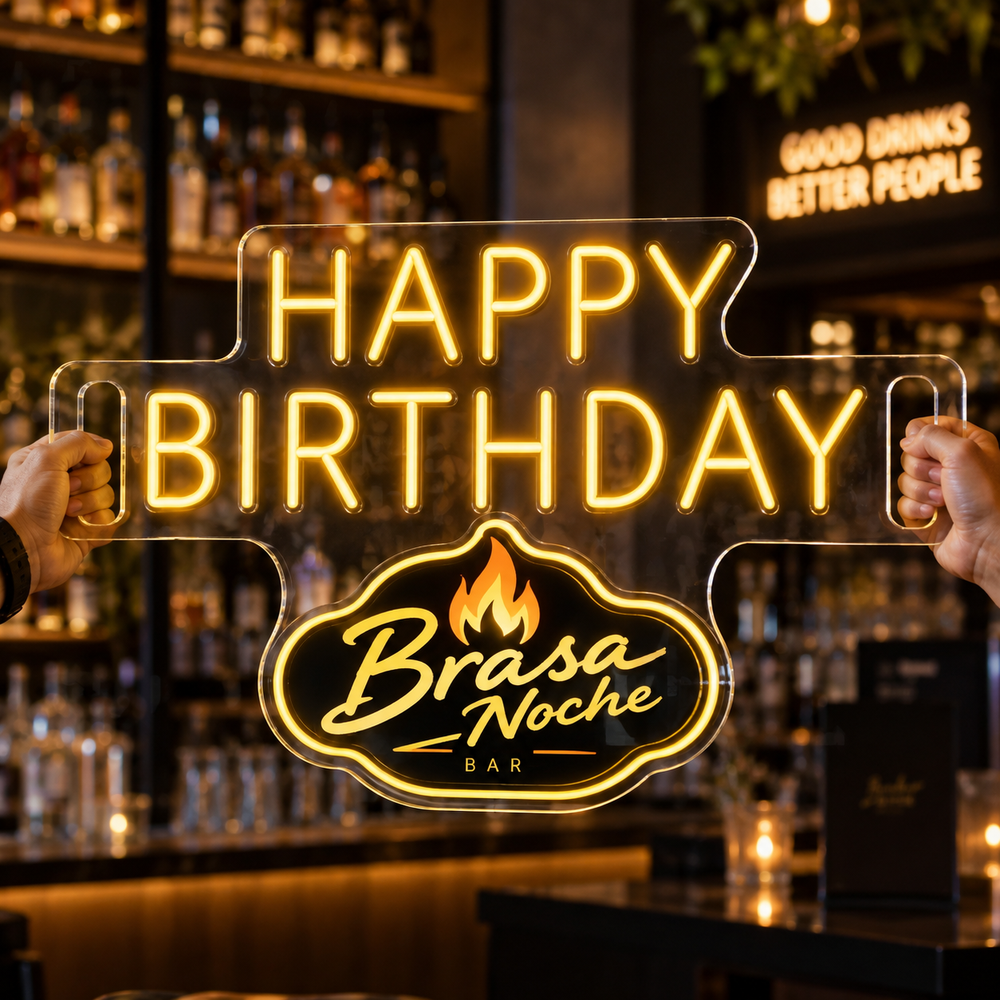 Letrero Happy Birthday amarillo con logo de bar