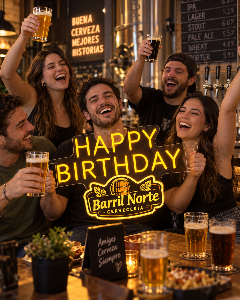 Amigos brindando con el letrero Happy Birthday amarillo con logo de cervecería