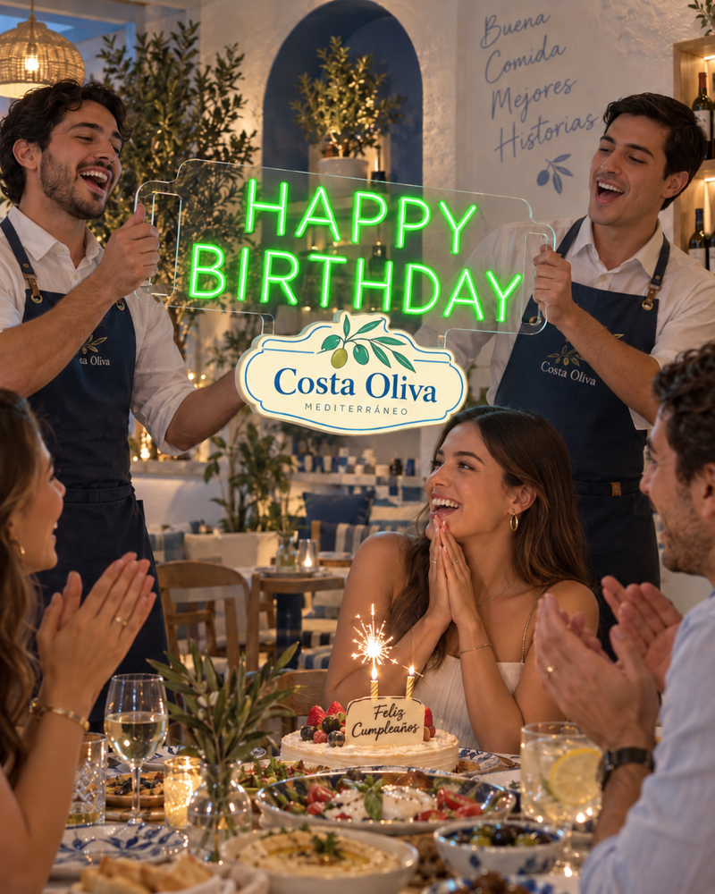 Meseros llevando el letrero Happy Birthday verde a una mesa con pastel