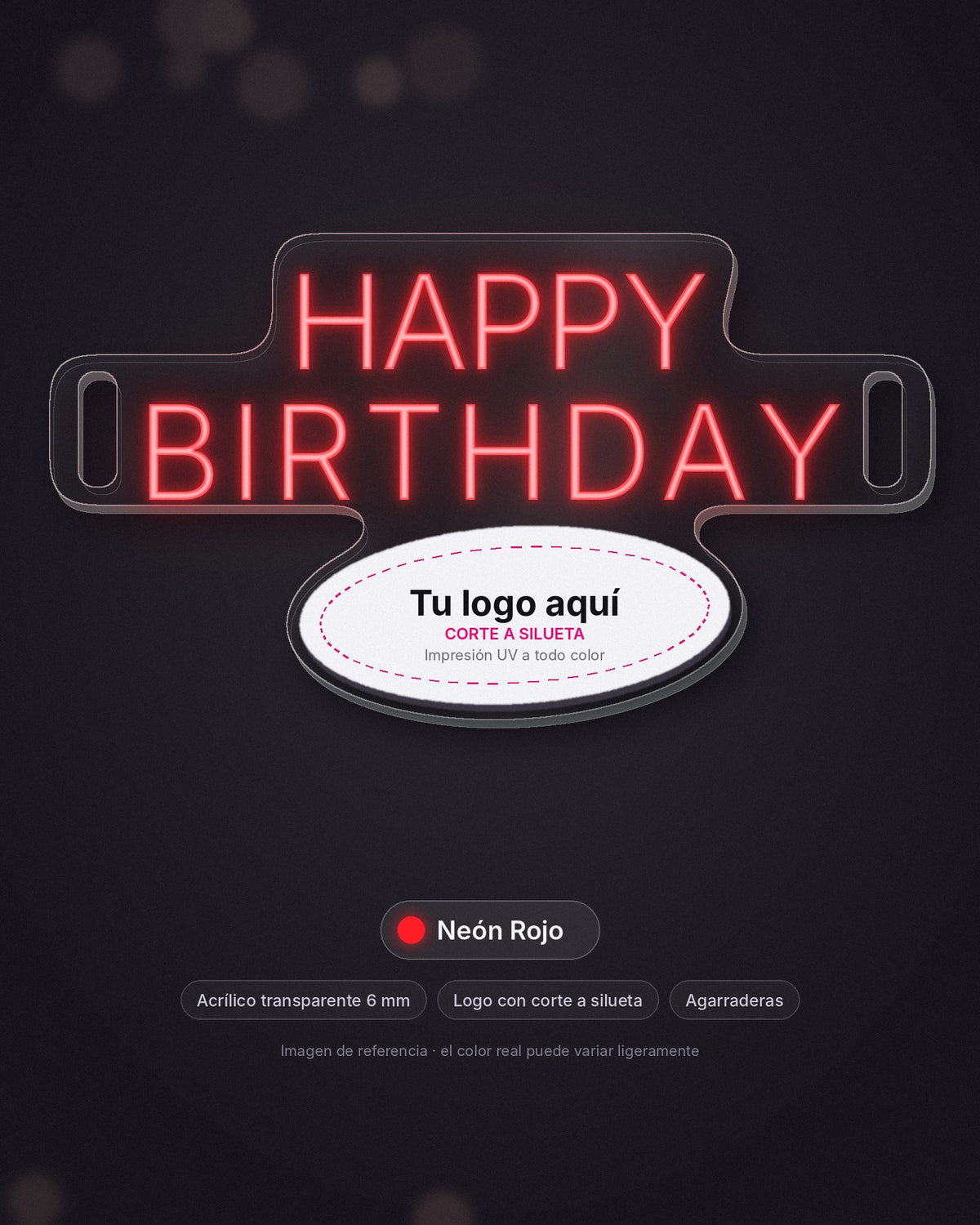 Letrero Happy Birthday portátil de neón LED rojo con logo, acrílico de 6 mm y agarraderas