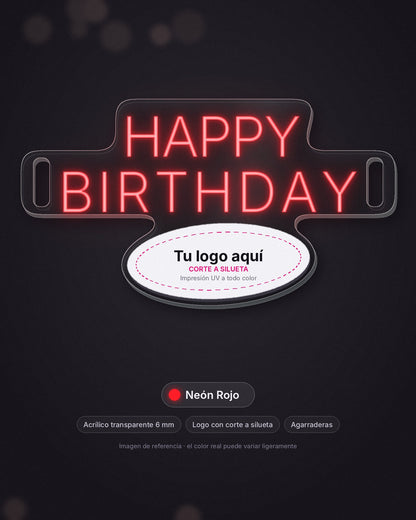 Letrero Happy Birthday portátil de neón LED rojo con logo, acrílico de 6 mm y agarraderas