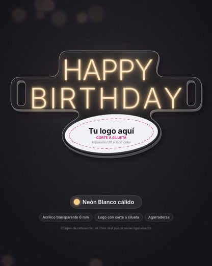 Letrero Happy Birthday portátil de neón LED blanco cálido con logo, acrílico de 6 mm y agarraderas