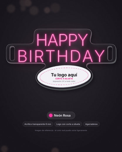 Letrero Happy Birthday portátil de neón LED rosa con logo, acrílico de 6 mm y agarraderas