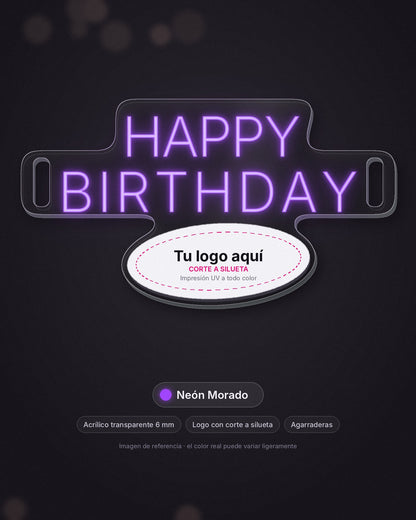 Letrero Happy Birthday portátil de neón LED morado con logo, acrílico de 6 mm y agarraderas