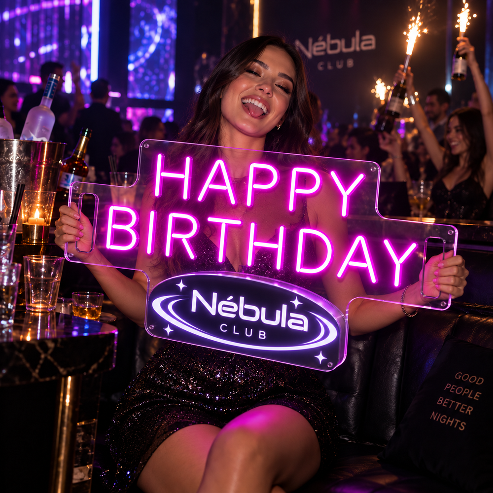 Letrero Happy Birthday rosa con logo en un bar