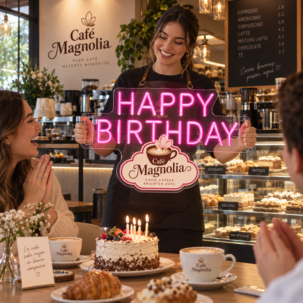 Letrero Happy Birthday rosa con logo de cafetería junto a un pastel