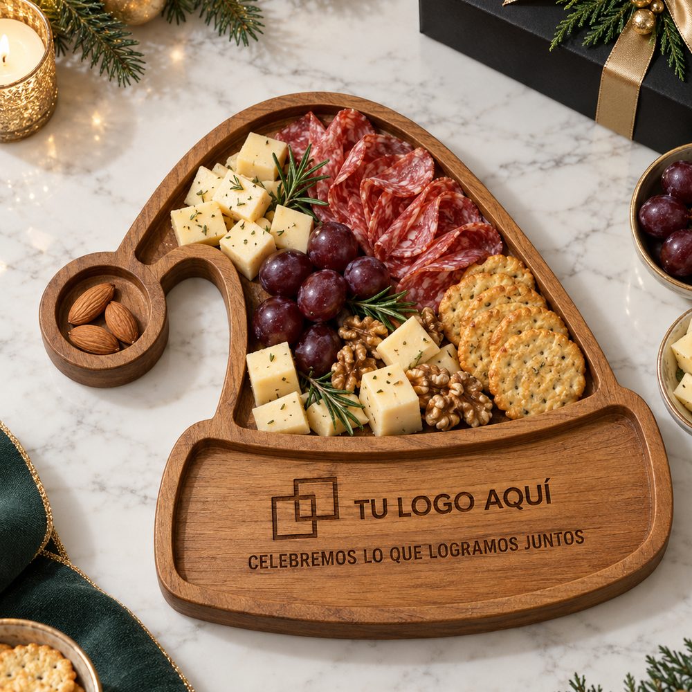Tabla de charcutería de madera con forma de gorro navideño, grabada con logo